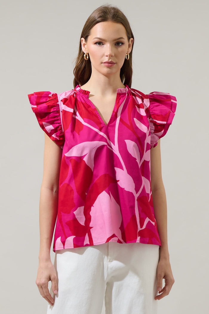 Mila Floral Risette Ruffle Split Neck Top
