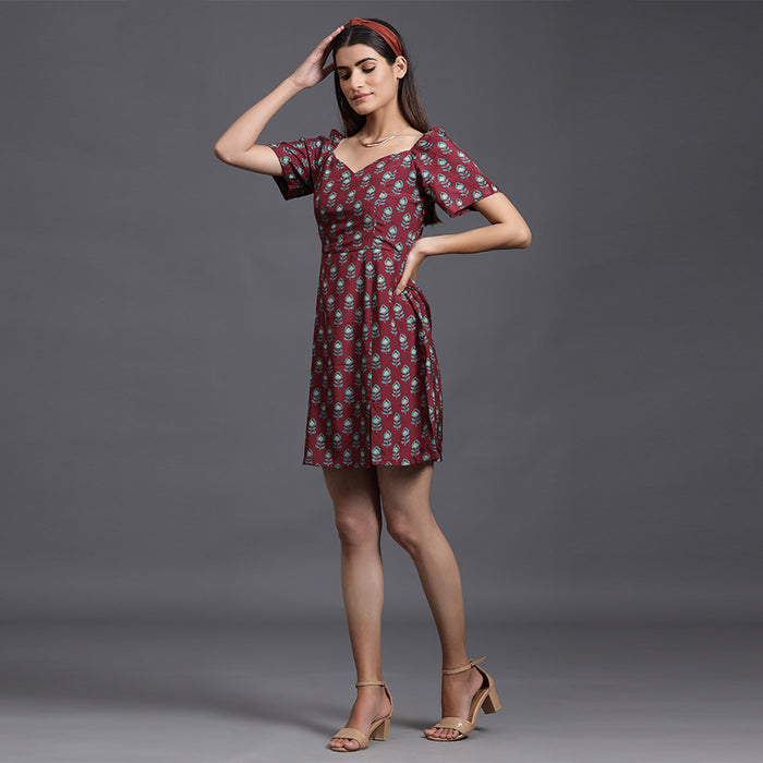 Mimosa on Maroon Russian Silk Dress