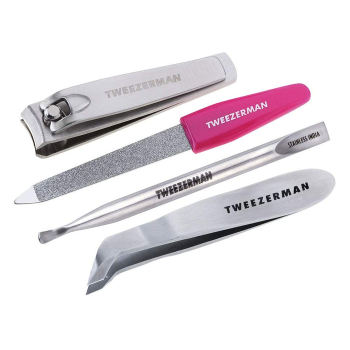 Mini Nail Rescue Kit | Tweezerman featuring a stainless steel nail clipper, nail file with pink handle, cuticle pusher, and angled tweezers for precise nail and skincare care.