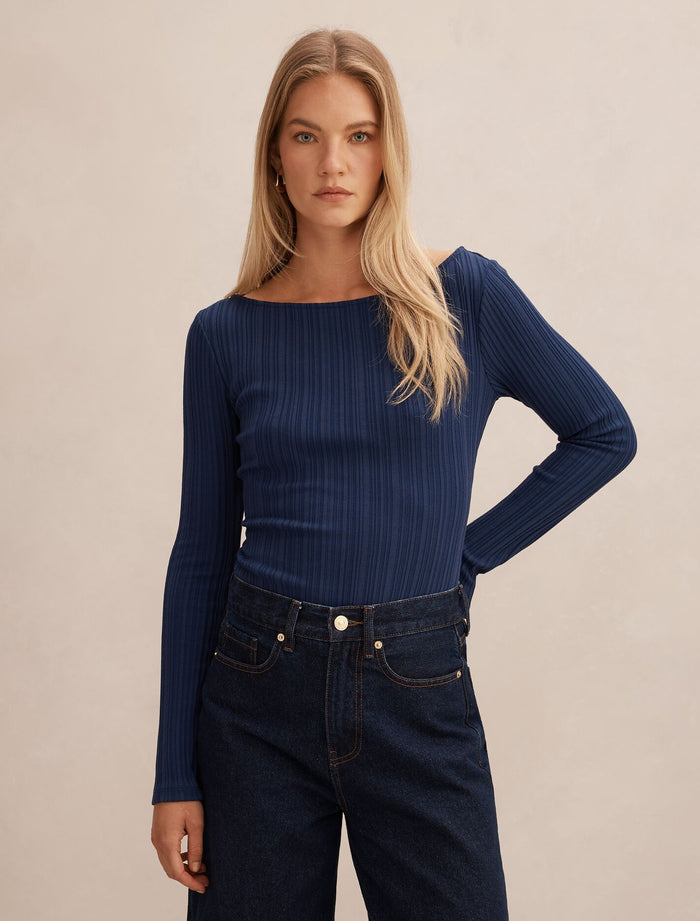 Minka Rib Boat Neck Top Midnight Blue Forever New
