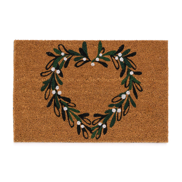 Discover the Christmas Mistletoe Heart Coir Doormat- a coir doormat featuring a heart wreath decorated with mistletoe.