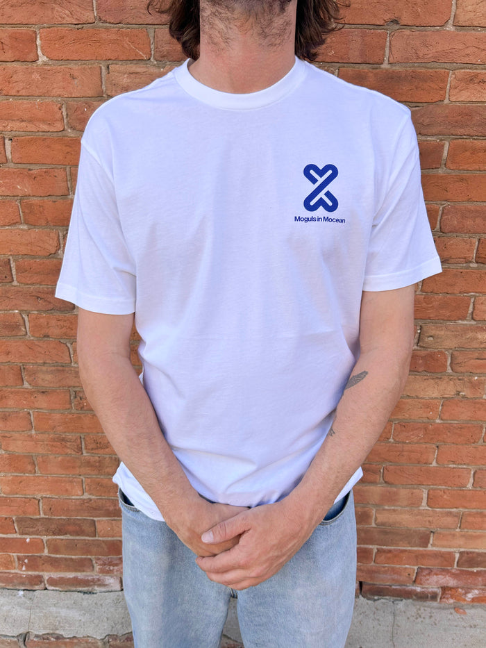 MOGULS IN MOCEAN OG LOGO WHITE T-SHIRT WITH NAVY BLUE WORDMARK