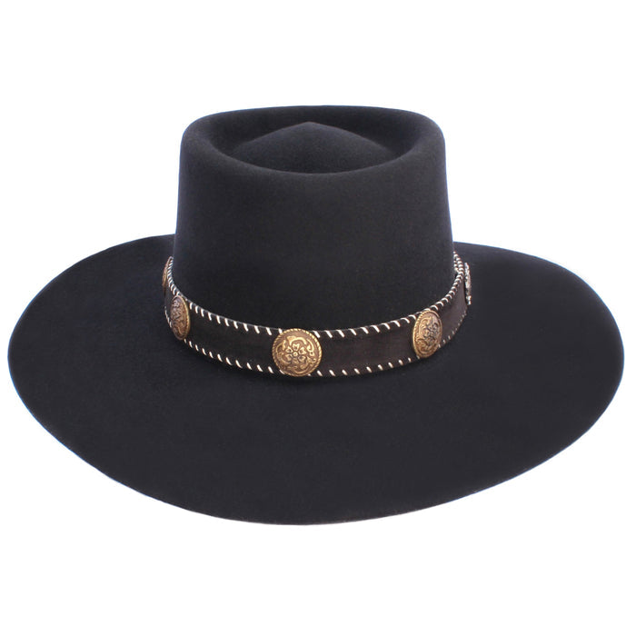 Black colored wool hat with a round crown