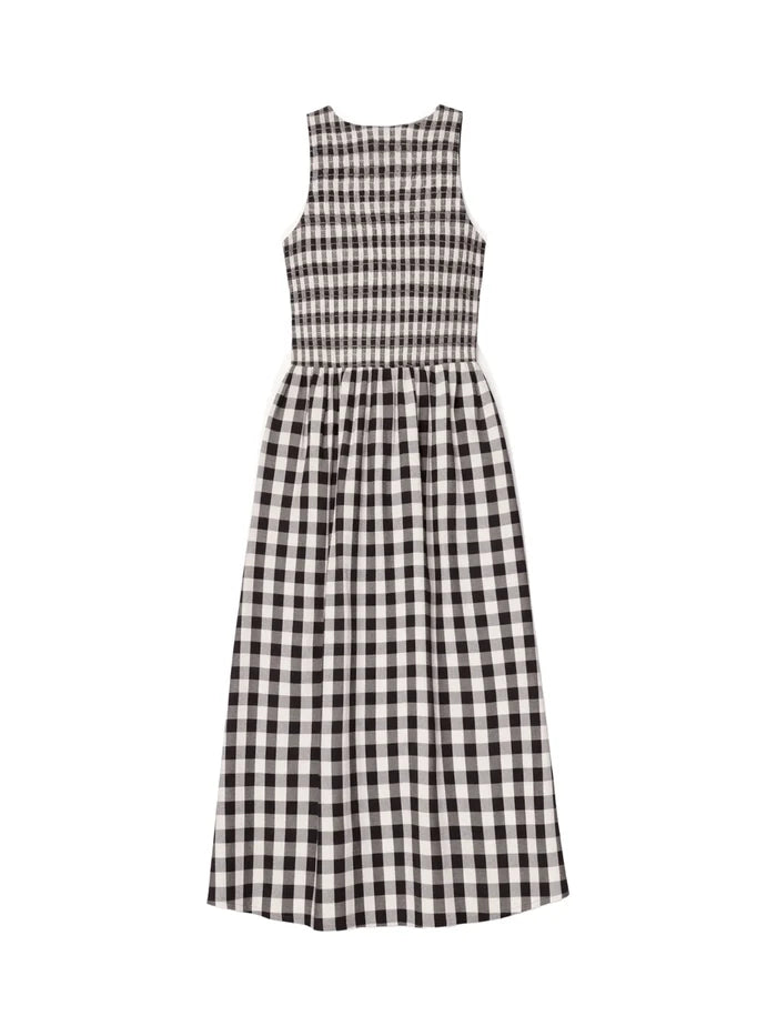 Mono Gingham Cotton and Linen-Blend Shirred Midi Dress