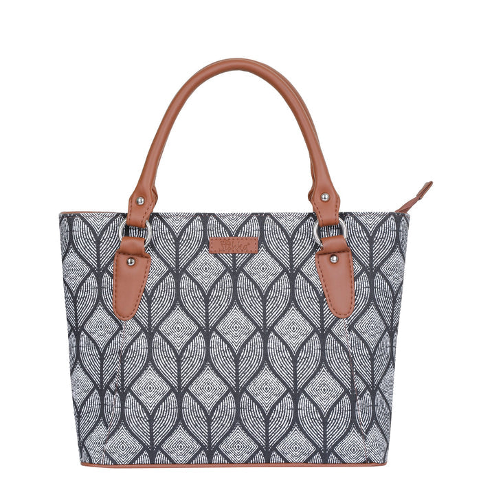 Women’s monochrome printed canvas tote bag with vegan leather handles