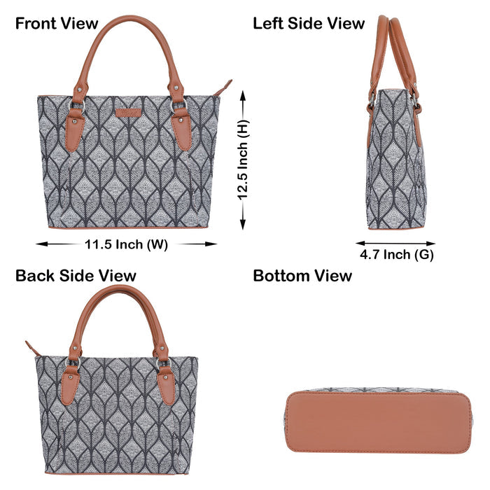 Women’s monochrome printed canvas tote bag with vegan leather handles-infographic image