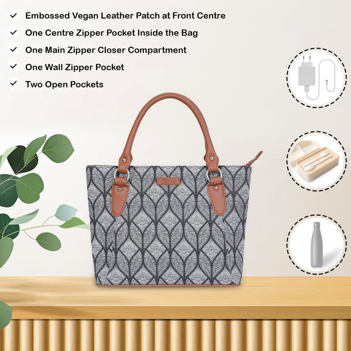 Women’s monochrome printed canvas tote bag with vegan leather handles-feature image