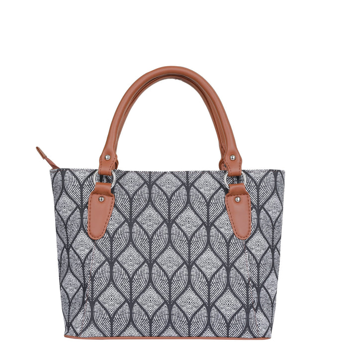 Women’s monochrome printed canvas tote bag with vegan leather handles-back view