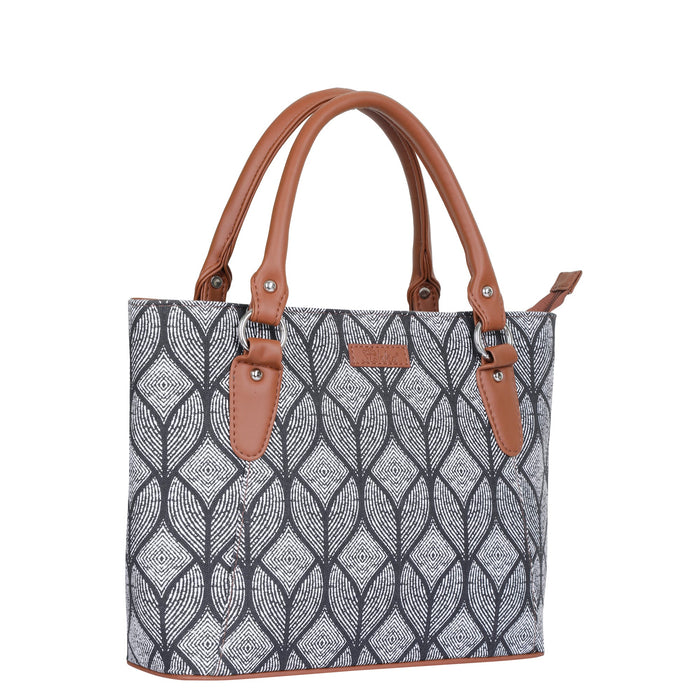 Women’s monochrome printed canvas tote bag with vegan leather handles-half side view