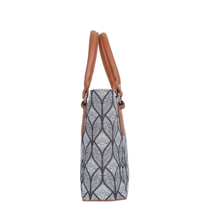 Women’s monochrome printed canvas tote bag with vegan leather handles-side view
