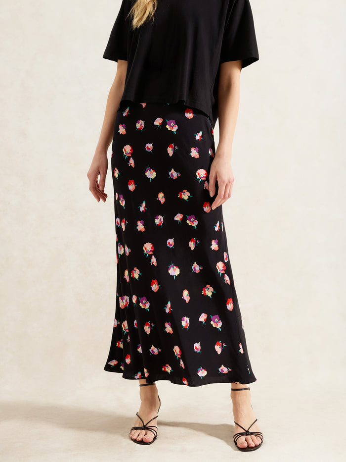 Multi Pansy Print Bias Cut Skirt