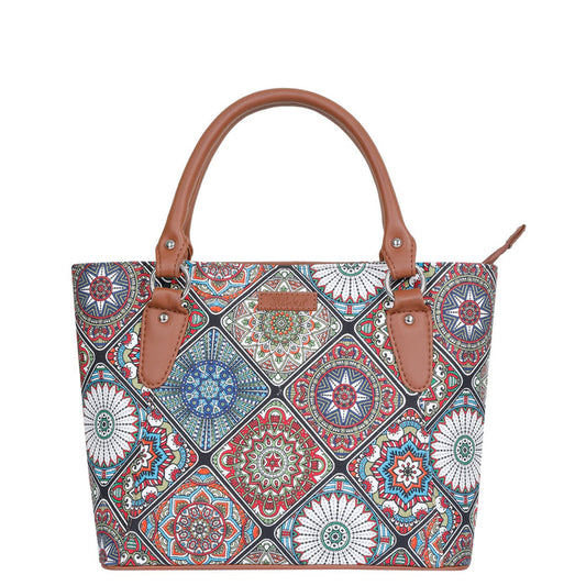 Women’s multicolour printed canvas tote bag with vegan leather handles