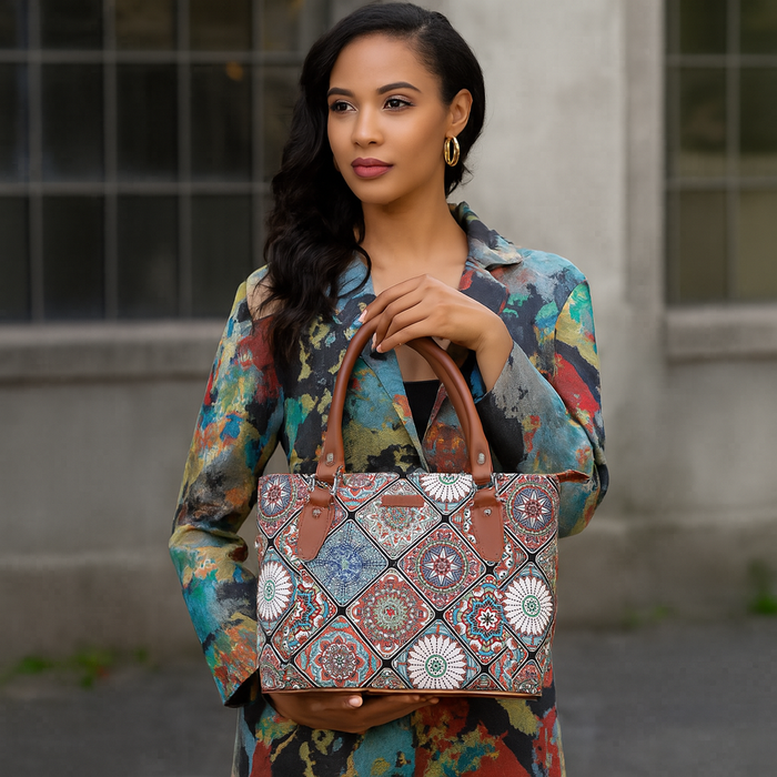Women’s multicolour printed canvas tote bag with vegan leather handles-model image