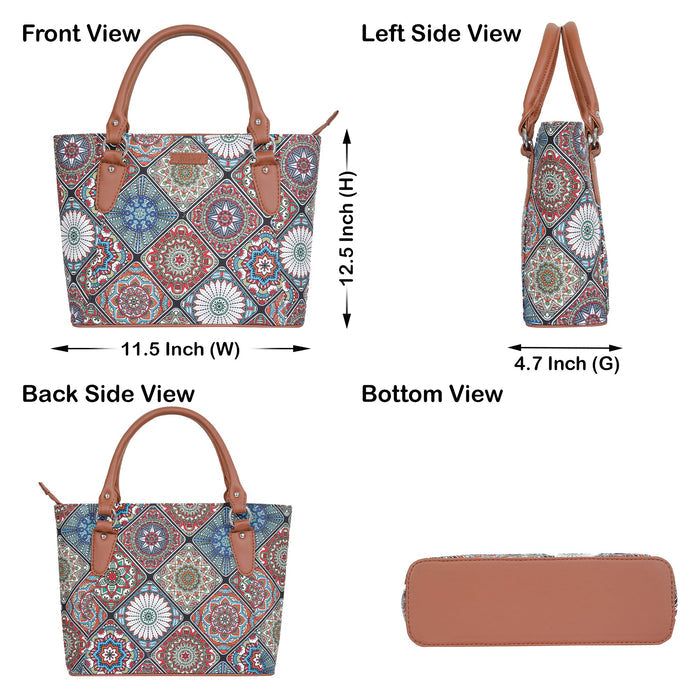 Women’s multicolour printed canvas tote bag with vegan leather handles-infographic image