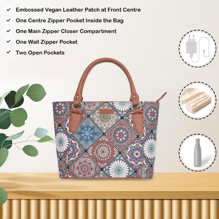 Women’s multicolour printed canvas tote bag with vegan leather handles-feature image