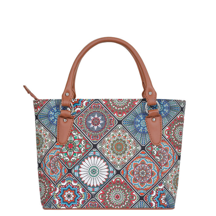 Women’s multicolour printed canvas tote bag with vegan leather handles-back view