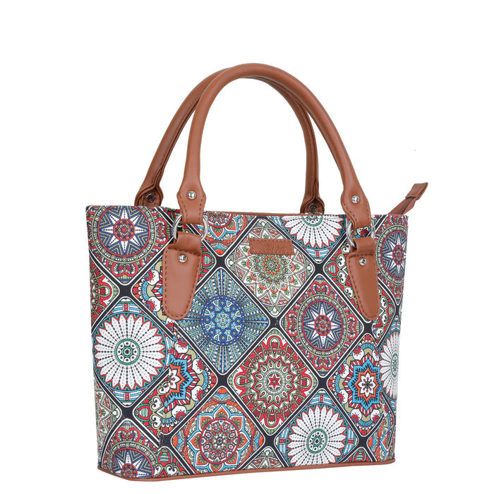 Women’s multicolour printed canvas tote bag with vegan leather handles-half side view