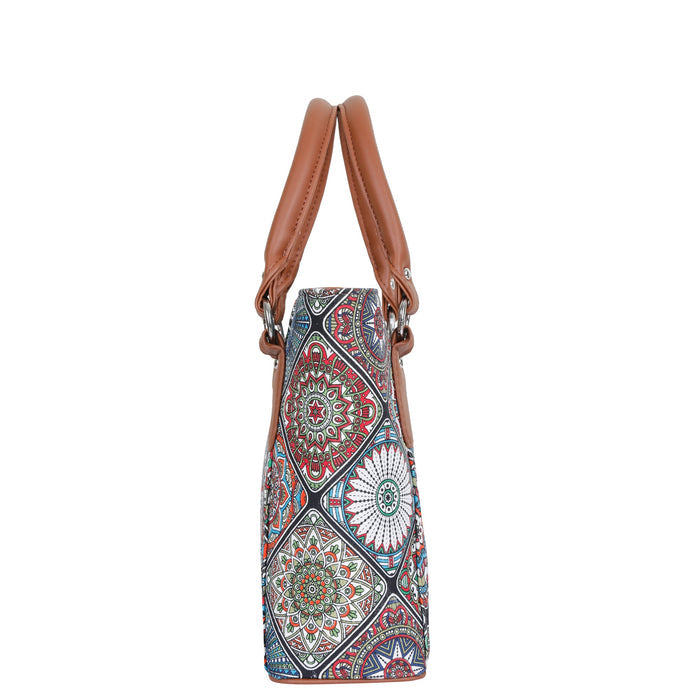 Women’s multicolour printed canvas tote bag with vegan leather handles-side view