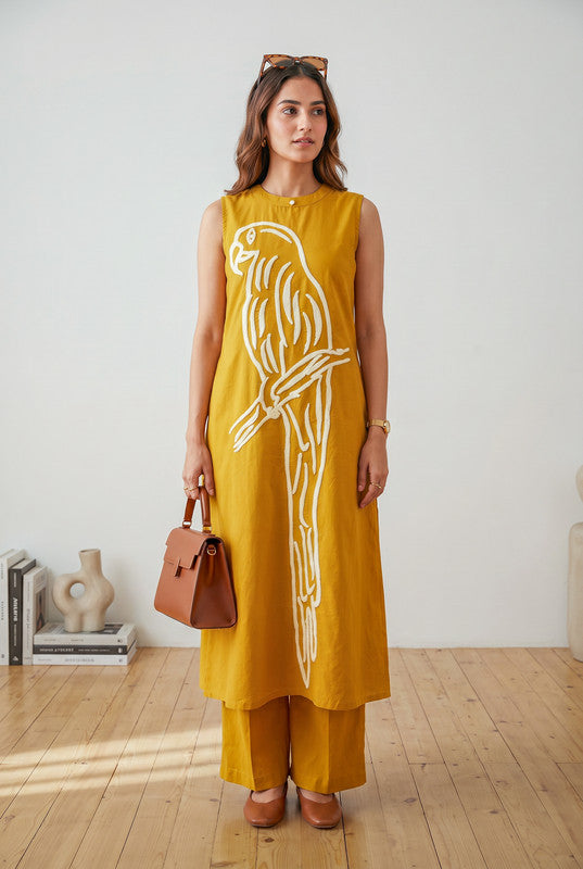 Mustard Bird Embroidered Round Neck Sleeveless Cotton Co-ord Set