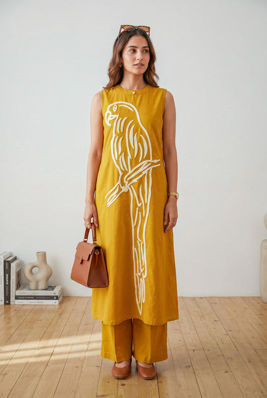 Mustard Bird Embroidered Round Neck Sleeveless Cotton Co-ord Set