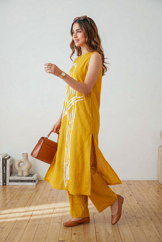 Mustard Bird Embroidered Round Neck Sleeveless Cotton Co-ord Set
