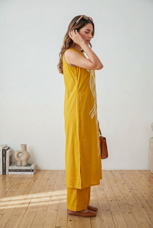 Mustard Bird Embroidered Round Neck Sleeveless Cotton Co-ord Set