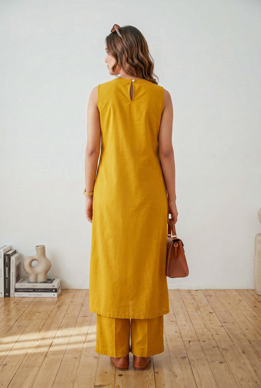 Mustard Bird Embroidered Round Neck Sleeveless Cotton Co-ord Set