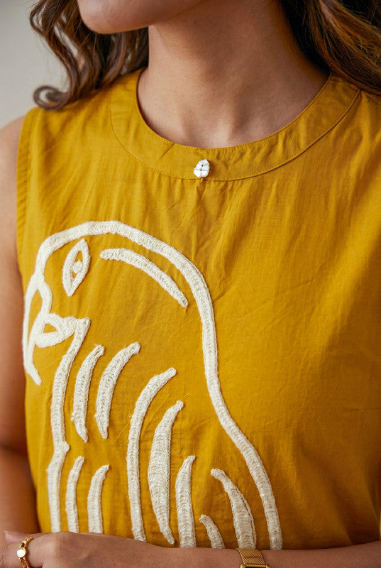 Mustard Bird Embroidered Round Neck Sleeveless Cotton Co-ord Set