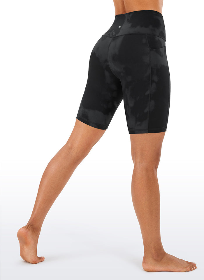 CRZ YOGA Women's Train High Rise Biker Nakedfeel Pocket Shorts 8'' Black Tie Dye Flowers