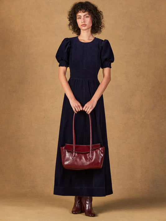 Navy Cord Puff Sleeve Midi Dress
