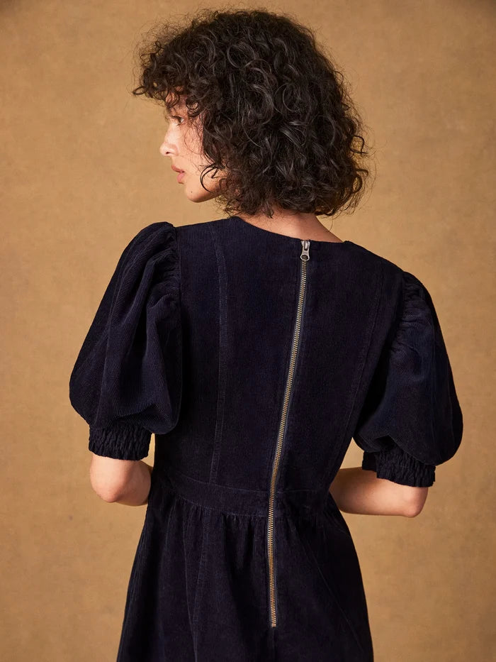 Navy Cord Puff Sleeve Midi Dress