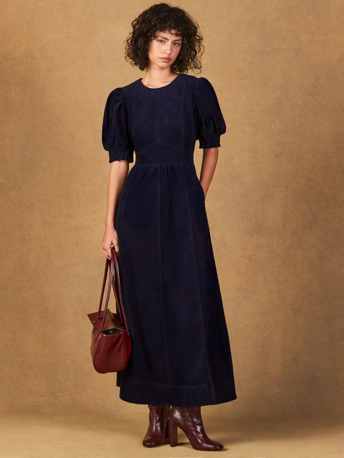 Navy Cord Puff Sleeve Midi Dress
