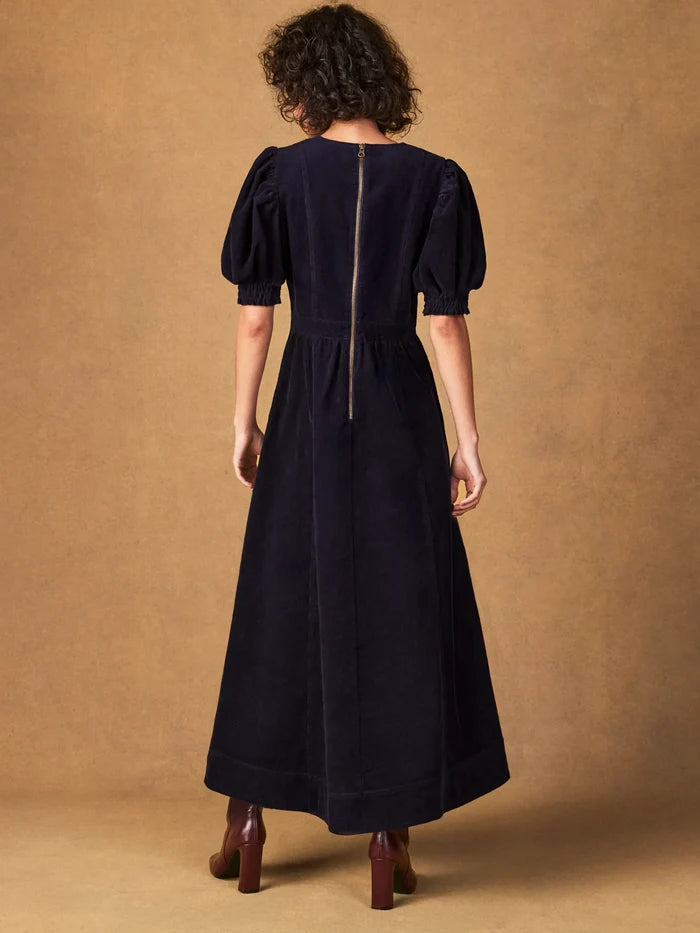 Navy Cord Puff Sleeve Midi Dress