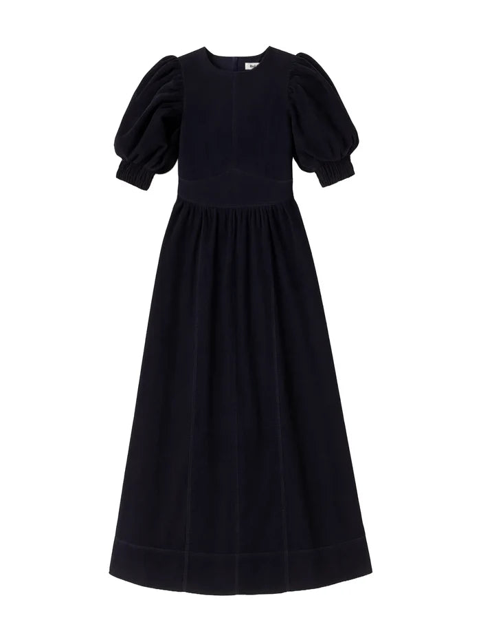 Navy Cord Puff Sleeve Midi Dress