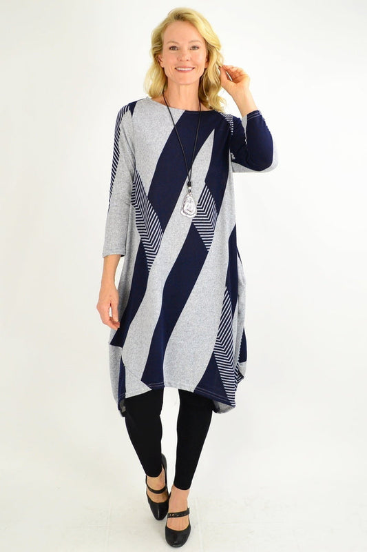 Navy and grey-blue woolen long tunic dress from Peony featuring a relaxed fit and long sleeves.
