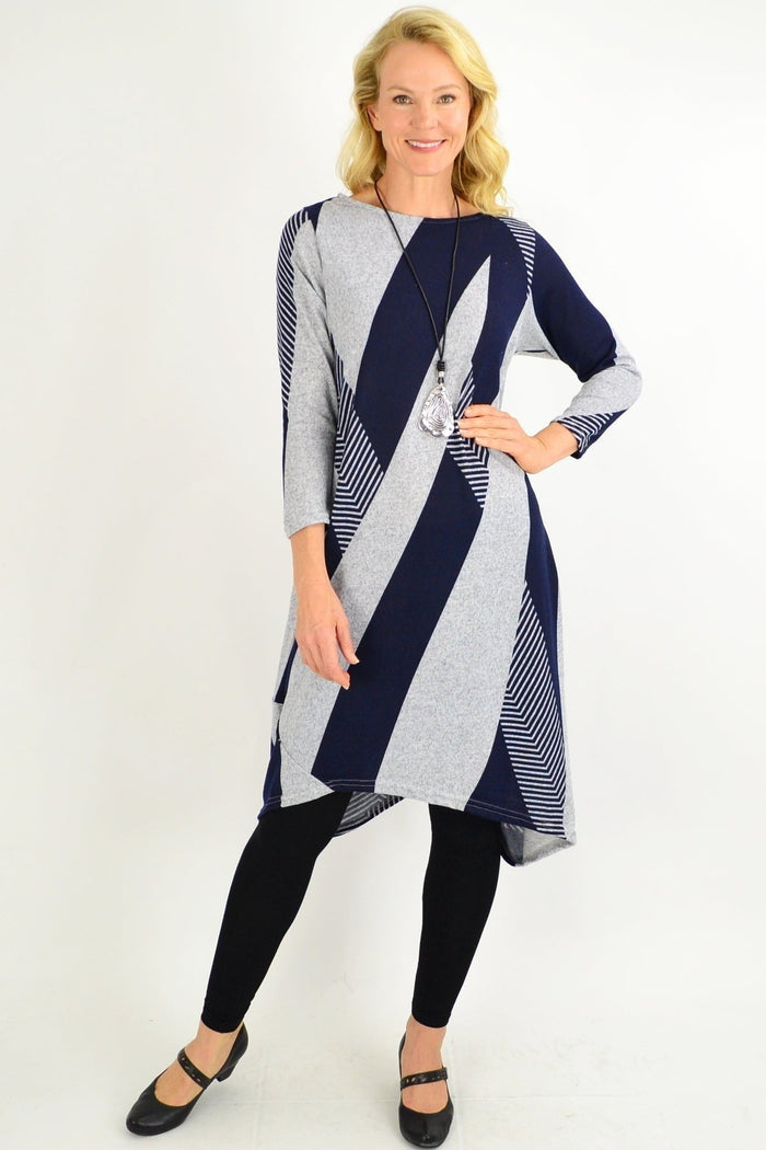 Navy and grey-blue woolen long tunic dress by Peony, featuring a relaxed fit and elegant line design.