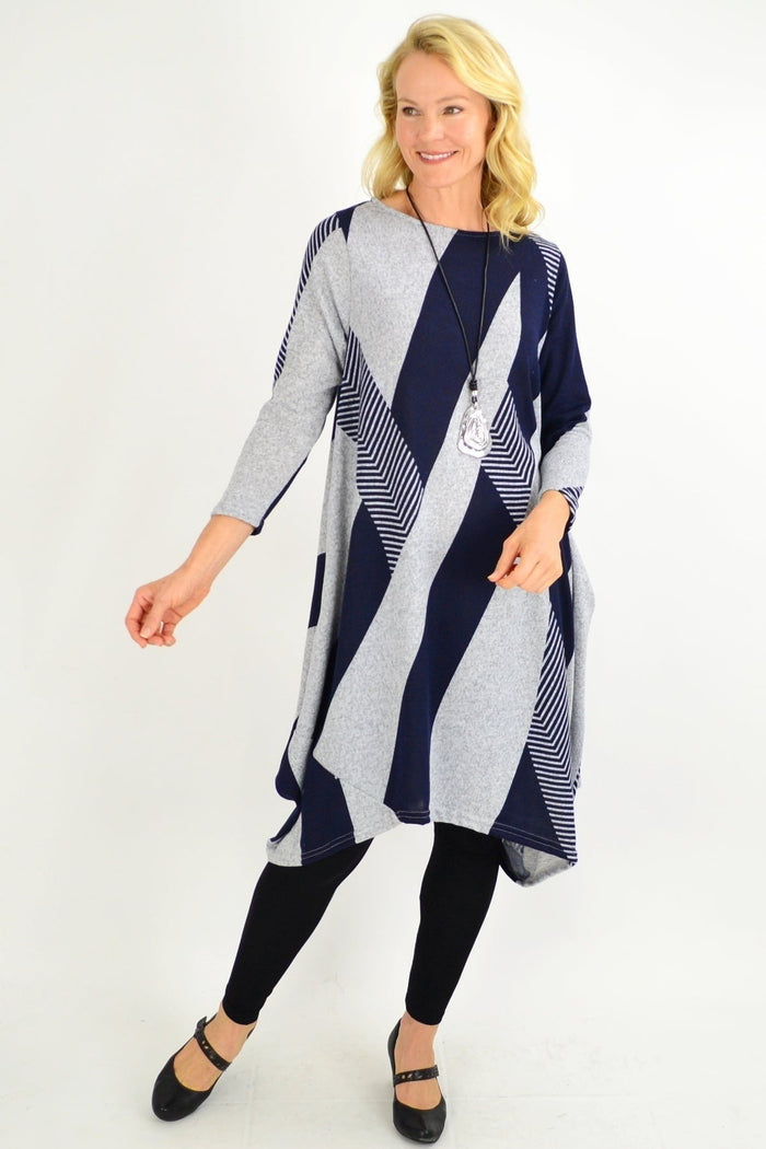 Peony navy line long tunic dress in grey-blue wool, featuring a relaxed fit and long sleeves, perfect for casual or layered wear.