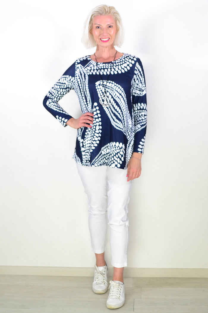 Navy White Floral Pattern Tunic Top