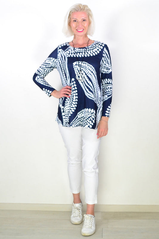 Navy White Floral Pattern Tunic Top