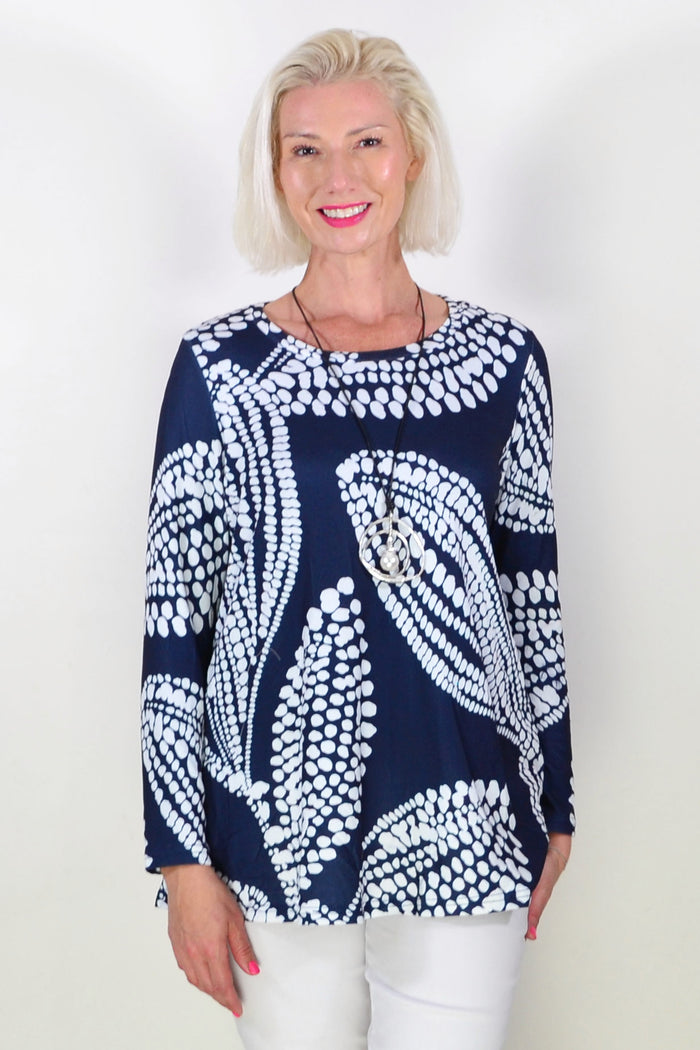 Navy White Floral Pattern Tunic Top