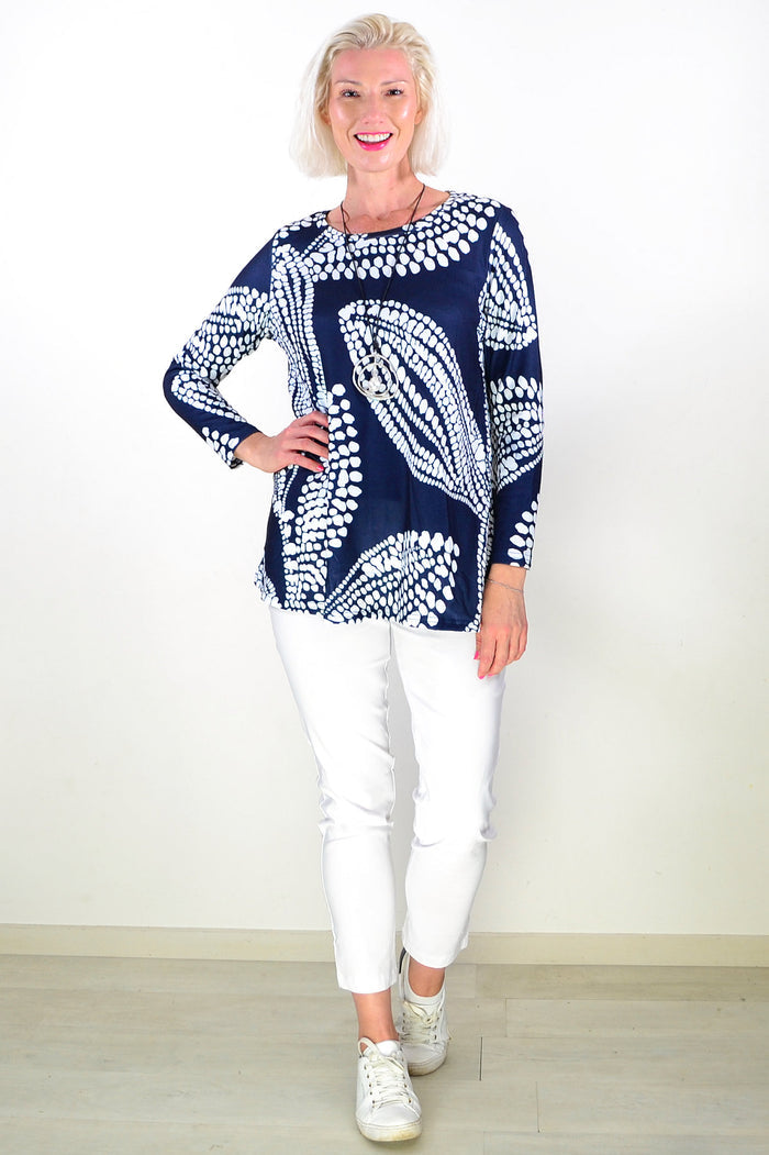 Navy White Floral Pattern Tunic Top