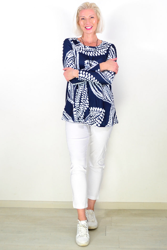 Navy White Floral Pattern Tunic Top
