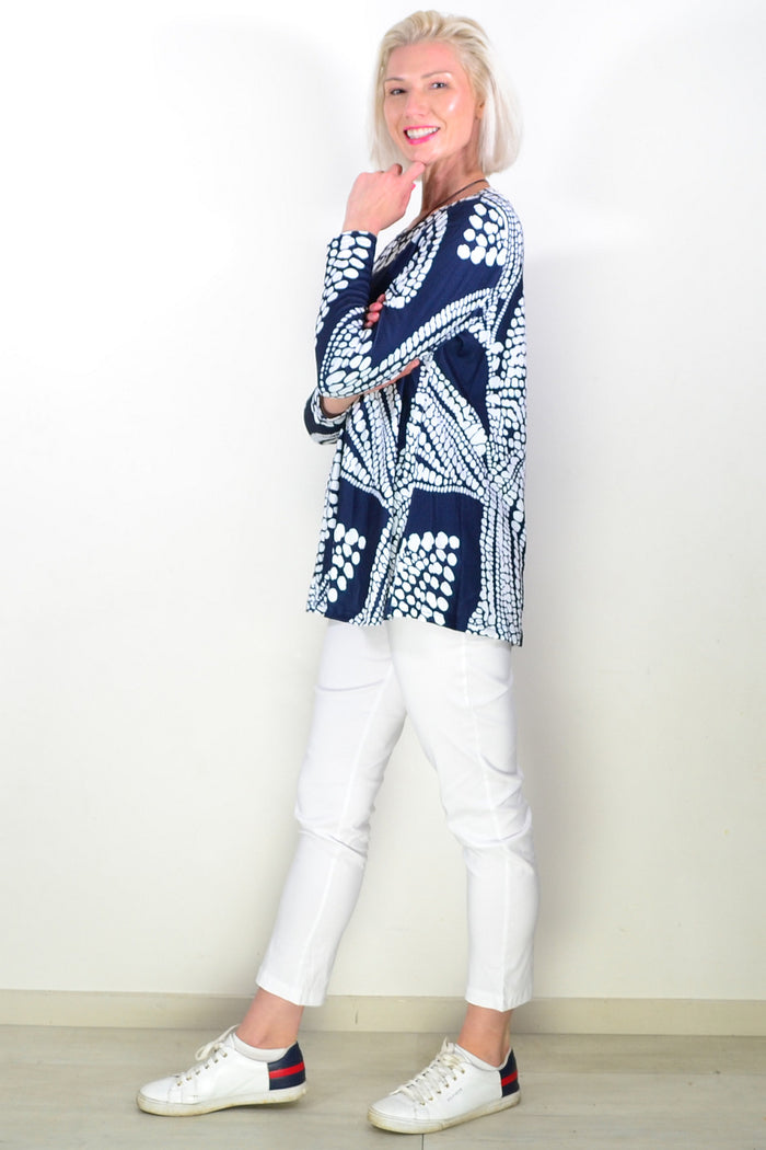 Navy White Floral Pattern Tunic Top