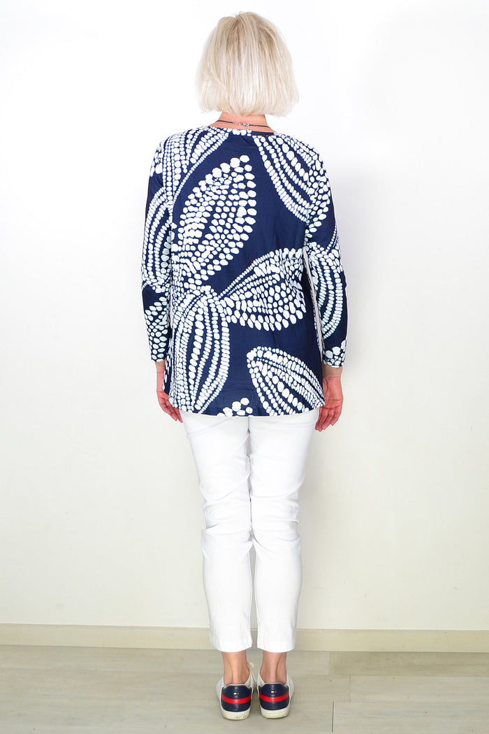 Navy White Floral Pattern Tunic Top