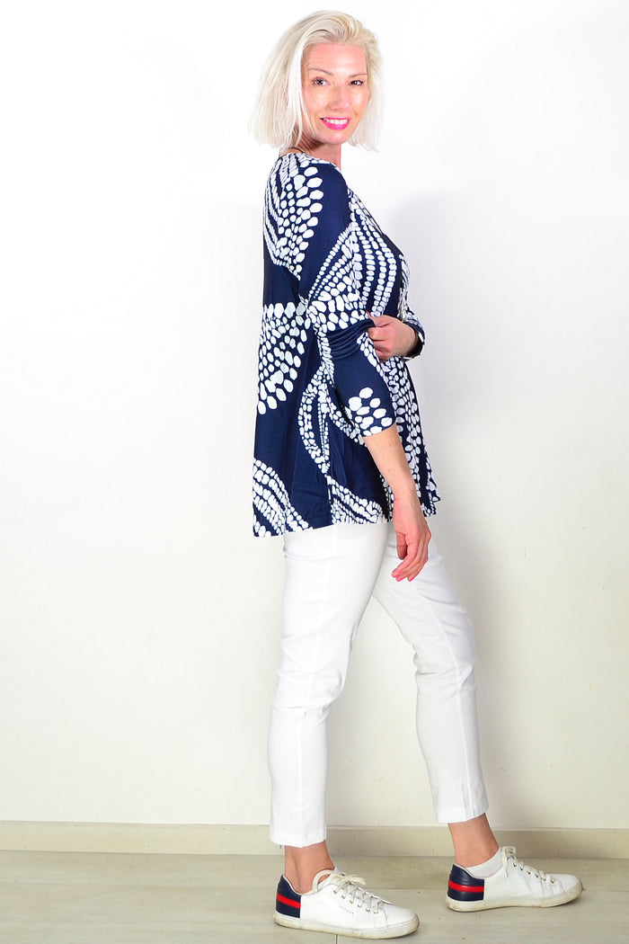 Navy White Floral Pattern Tunic Top