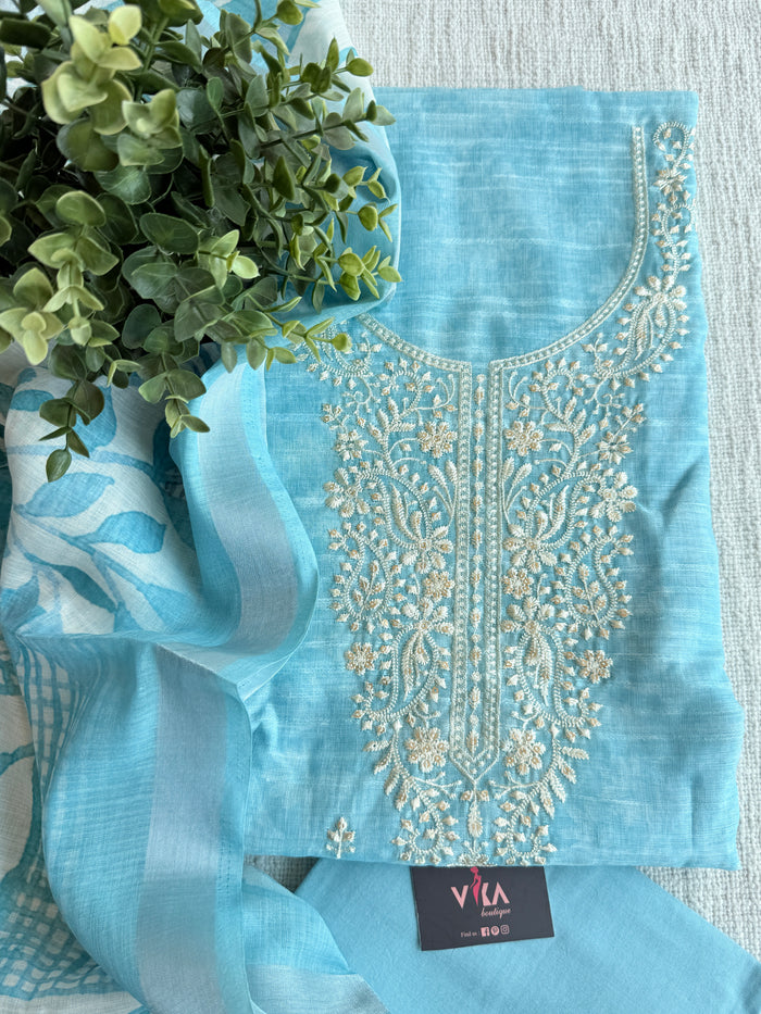 Neck emb silk cotton suit material