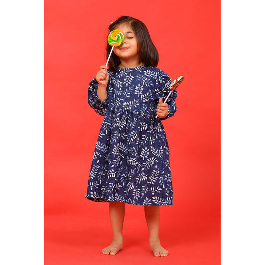 Neem Leaves on Blue Kids Cotton Dress