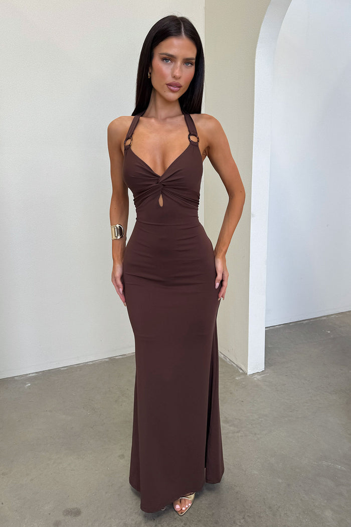Nikki Halter Neck Maxi Dress - Brown