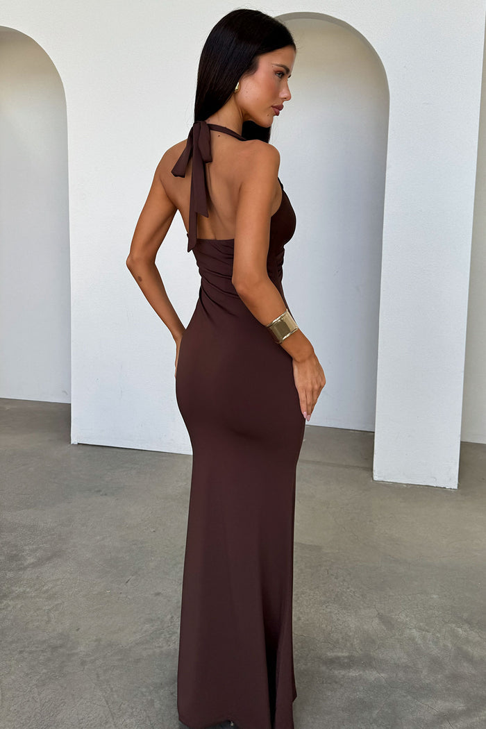Nikki Halter Neck Maxi Dress - Brown