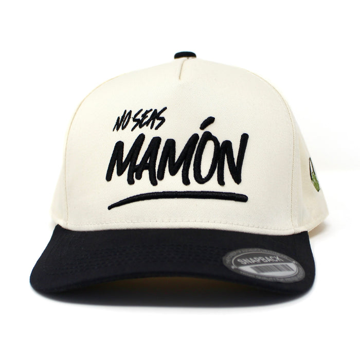 No Seas Mamón Snapback Cap Cream and Black – Spanish Phrase Hat